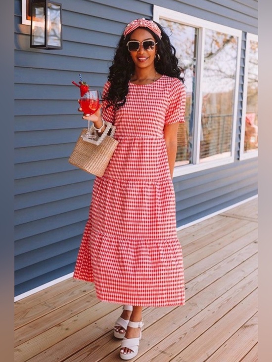 BiBi Dresses & Skirts - BiBi Red and White Gingham Short Sleeve Tiered Midi Dress with Sleeve Detail